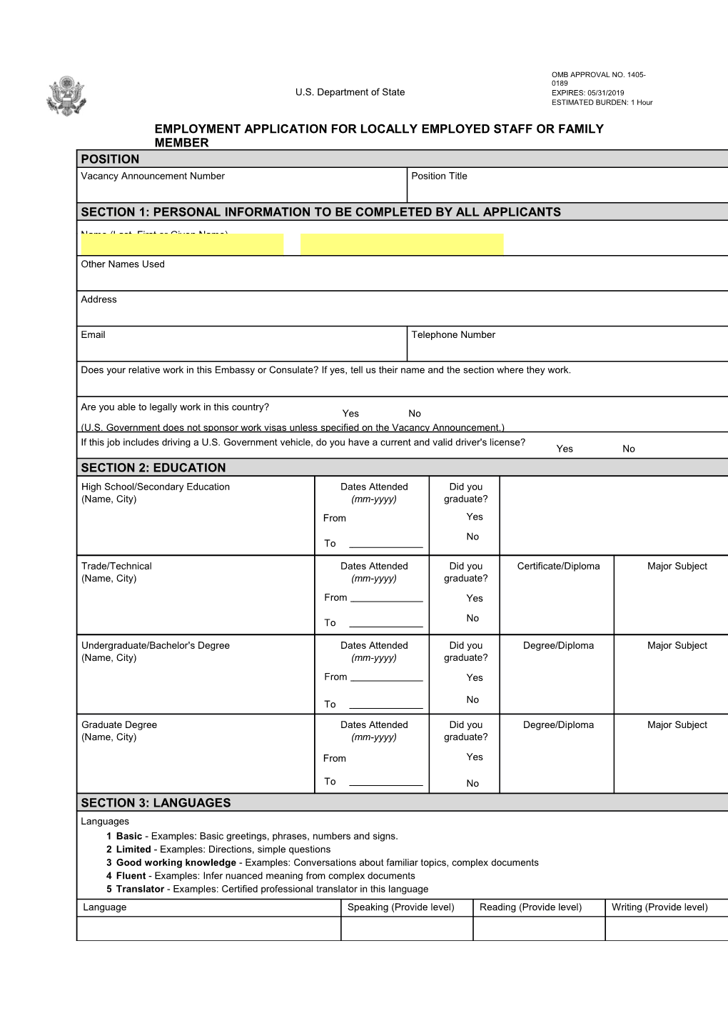 Employment Application for Locally Employed Staff Or Family Member