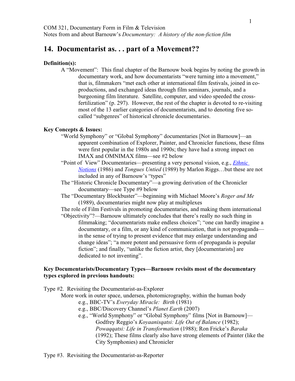 COM 321, Documentary Form In Film & Television