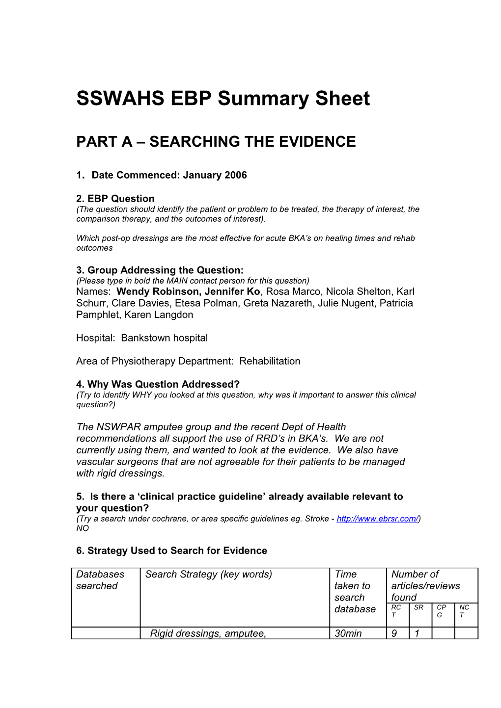 SSWAHS EBP Summary Sheet