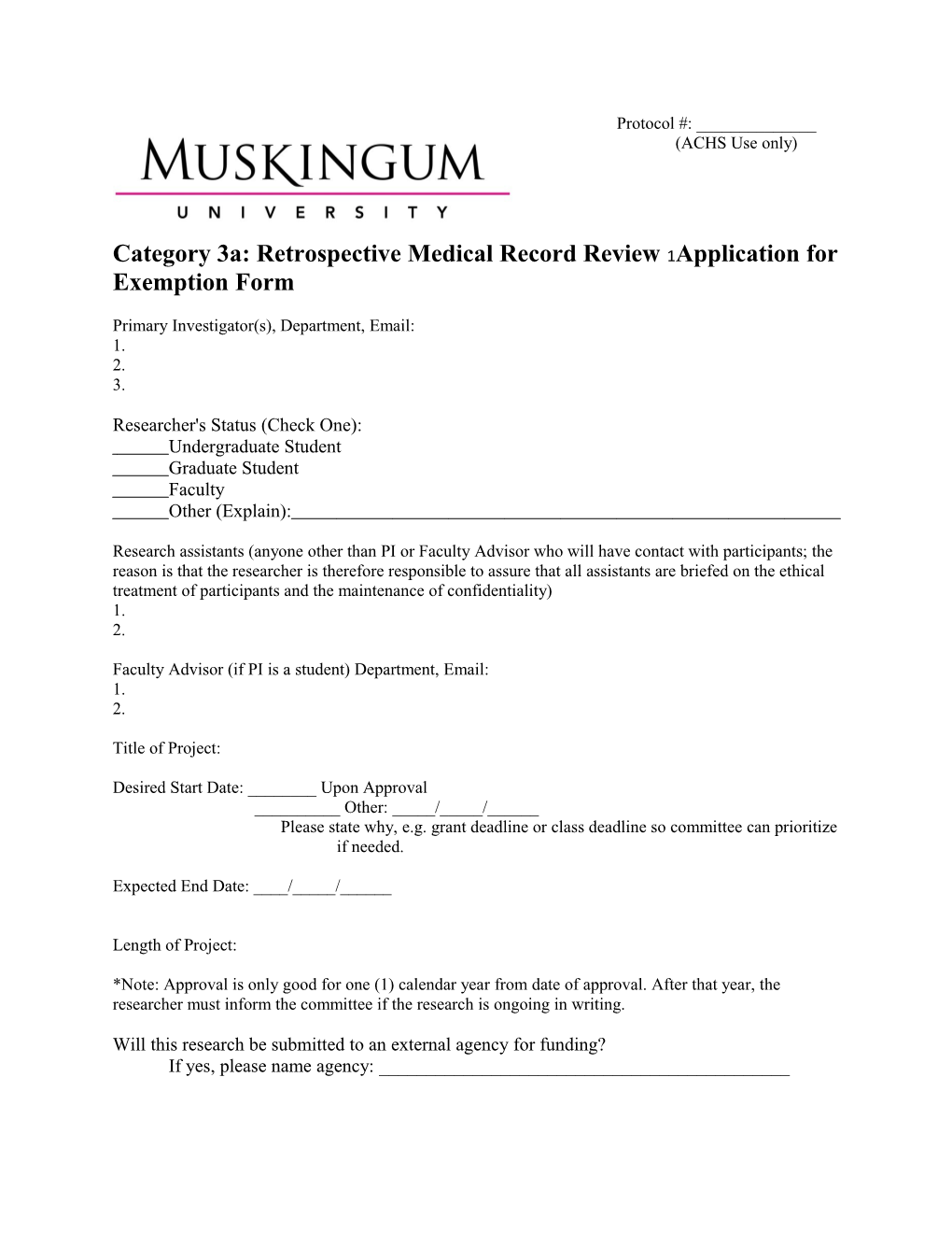Category 3A: Retrospective Medical Record Reviewapplication for Exemption Form