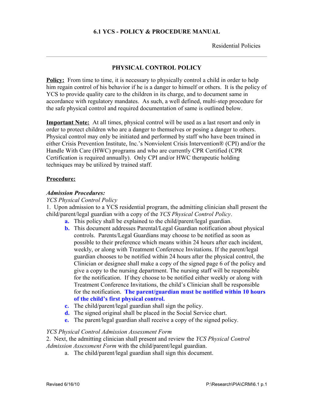 Ycs - Policy & Procedure Manual