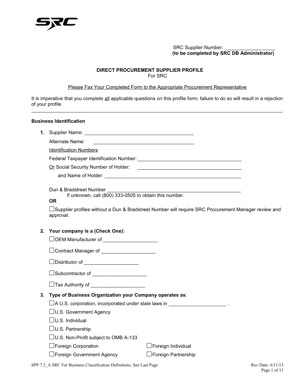 Direct Procurement Supplier Profile Form