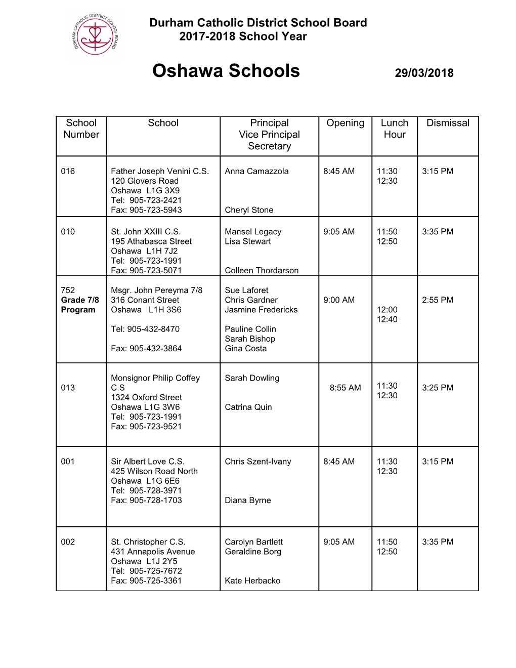 Oshawa Schools 29/03/2018