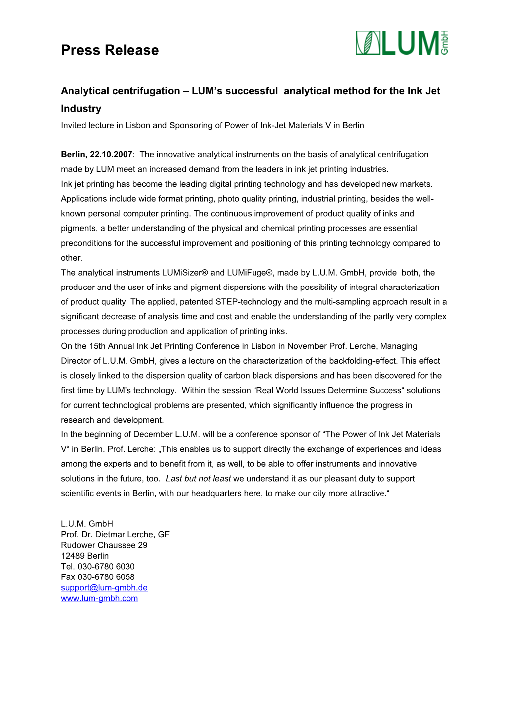 Analytical Centrifugation LUM Ssuccessful Analytical Method for the Ink Jet Industry