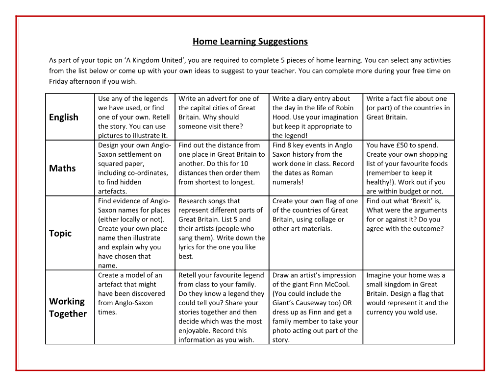 Home Learning Suggestions