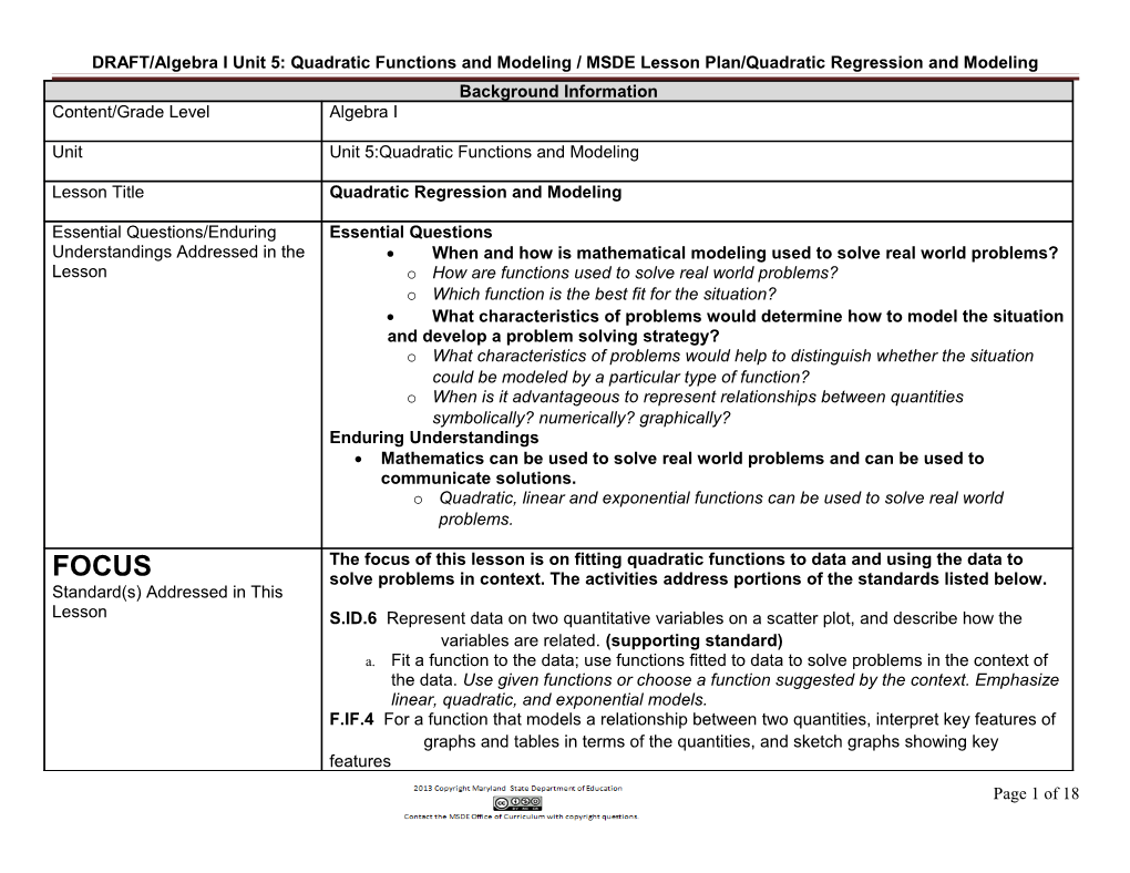 DRAFT/Algebra I Unit 5: Quadratic Functions And Modeling / MSDE Lesson Plan/Quadratic Regression And Modeling