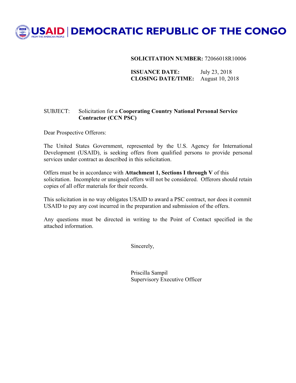 SUBJECT:Solicitation for a Cooperating Country National Personal Service Contractor (CCN PSC)