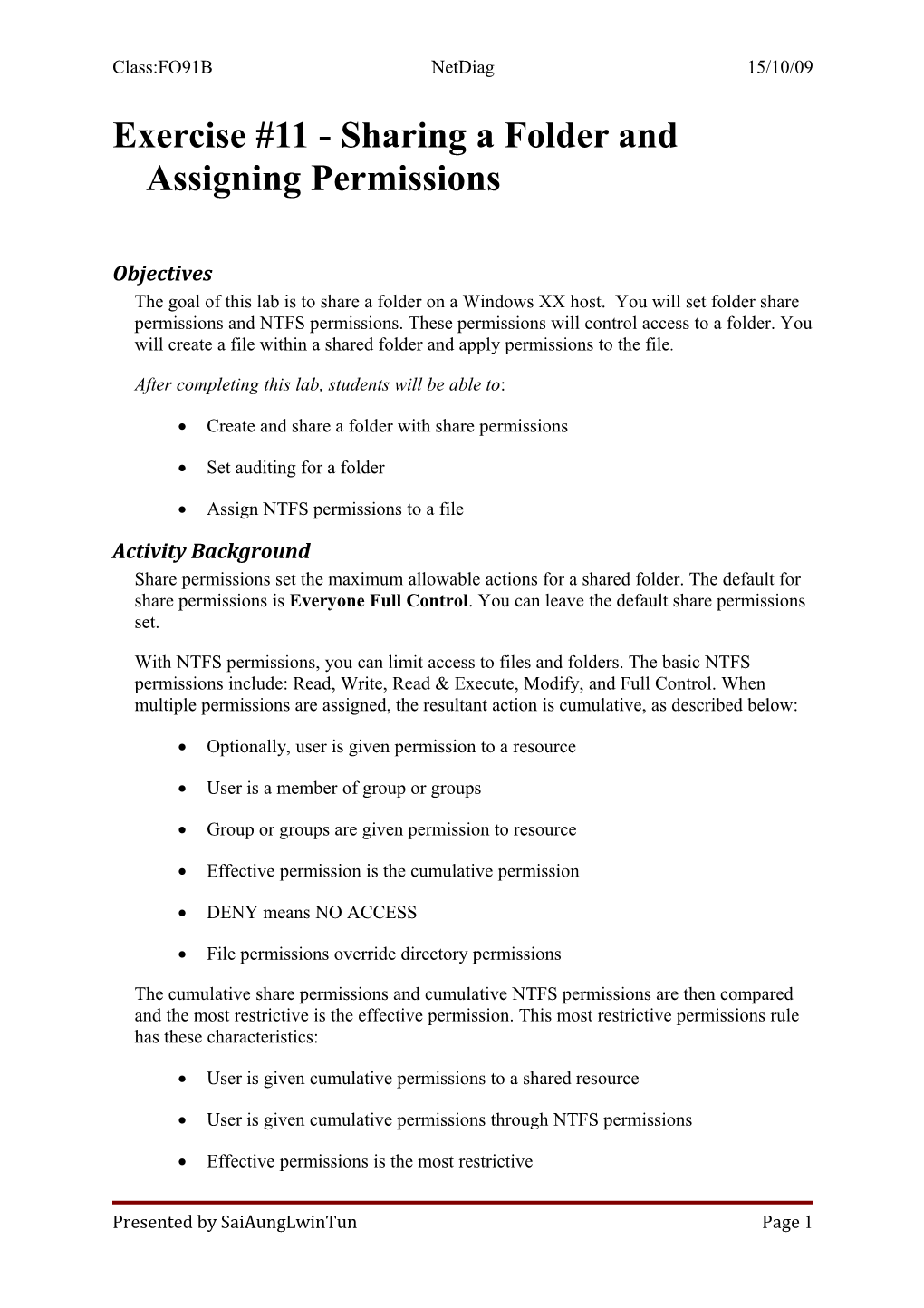 Exercise #11 - Sharing a Folder and Assigning Permissions