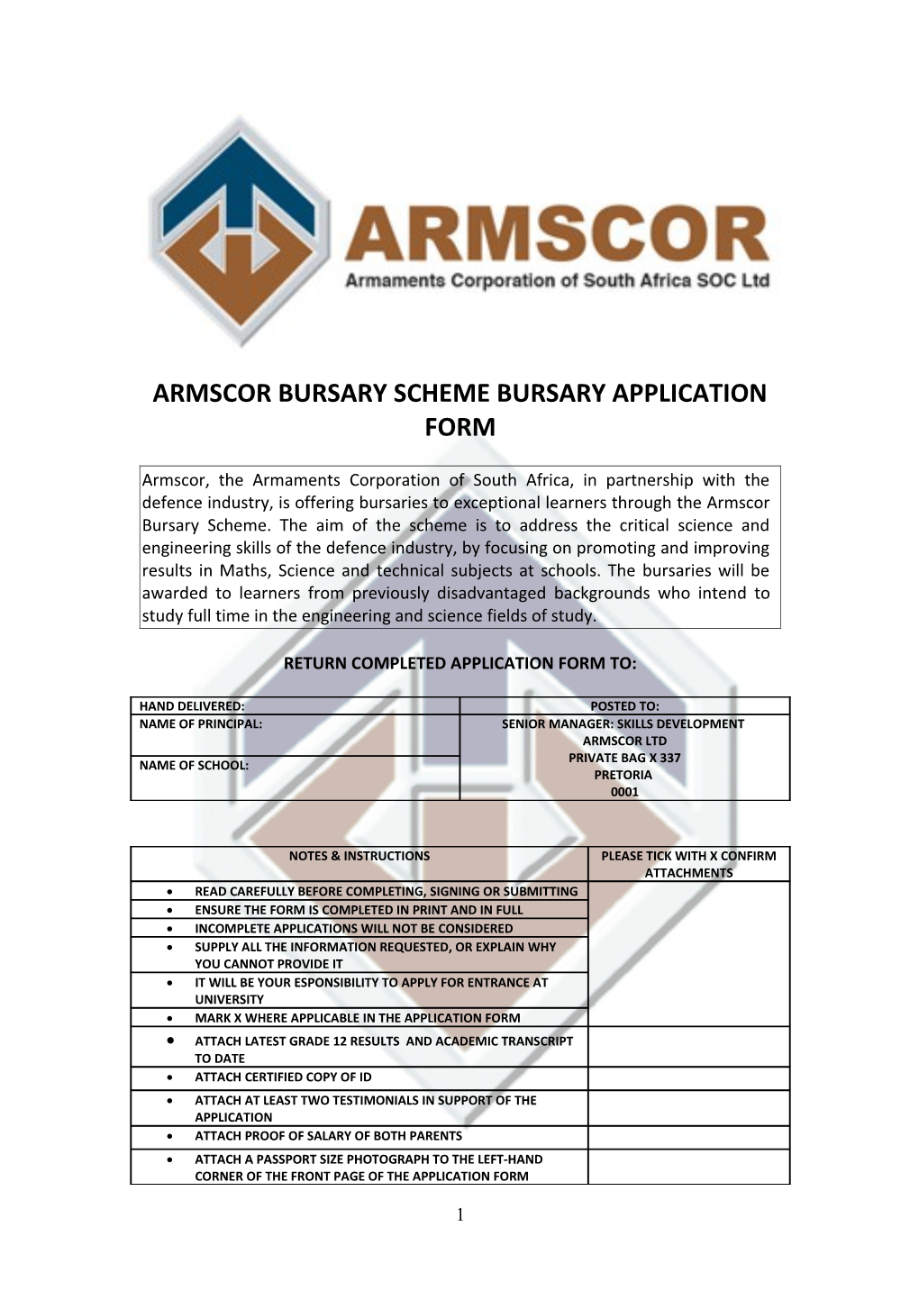 Armscor Bursary Scheme Bursary Application Form