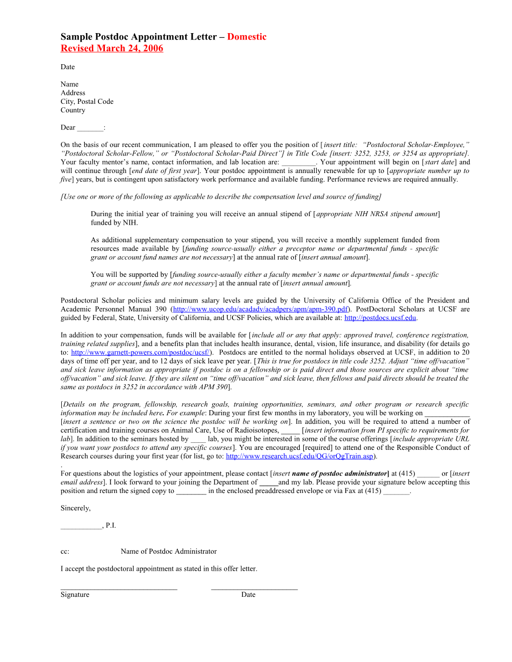 Sample Postdoc Appointment Letter Domestic