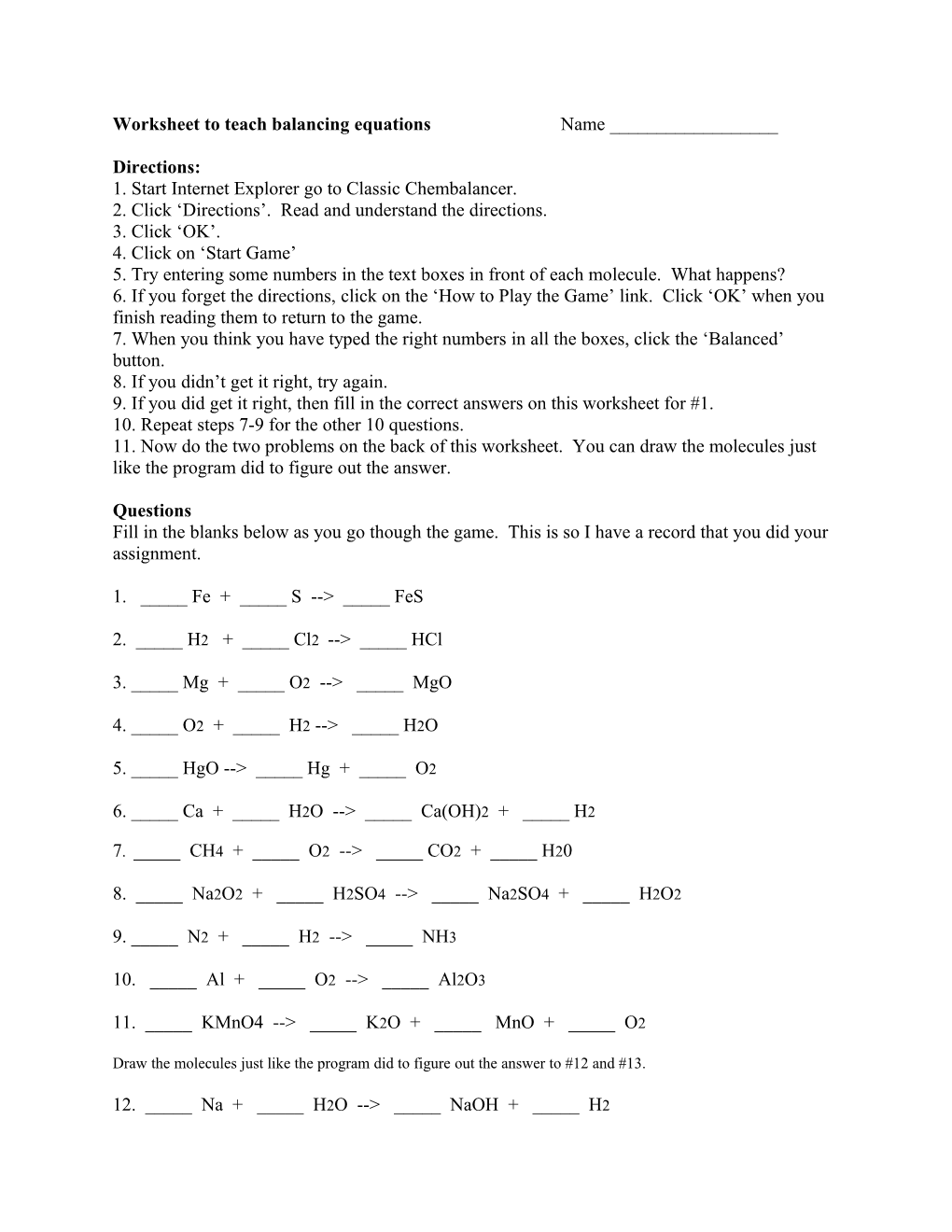 Worksheet to Teach Balancing Equations Name ______
