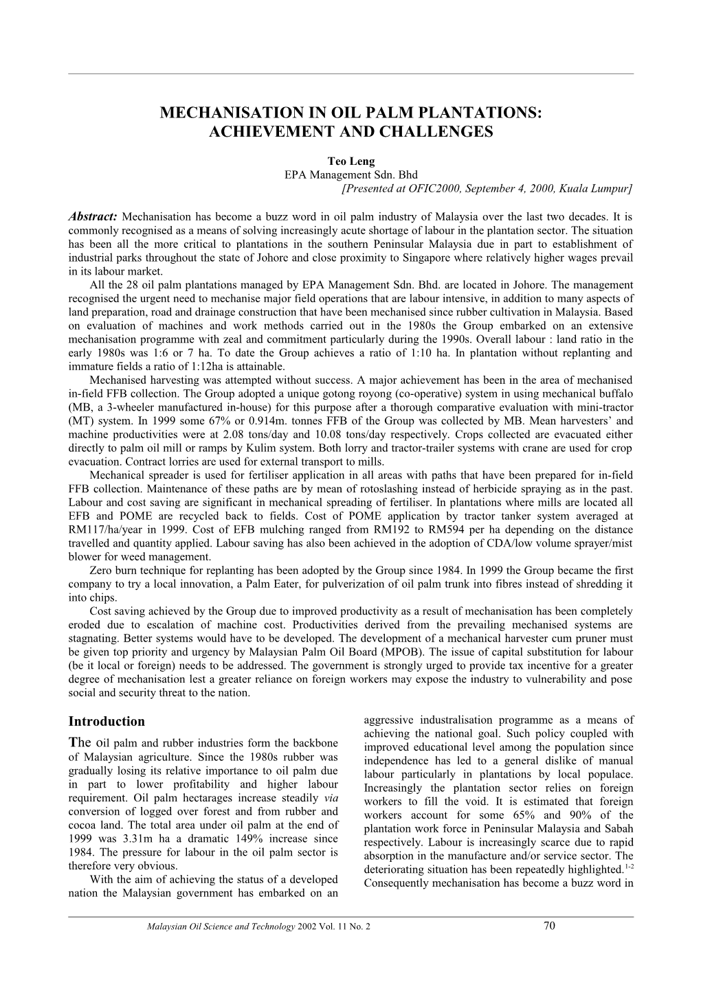 Mechanisation in Oil Palm Plantations