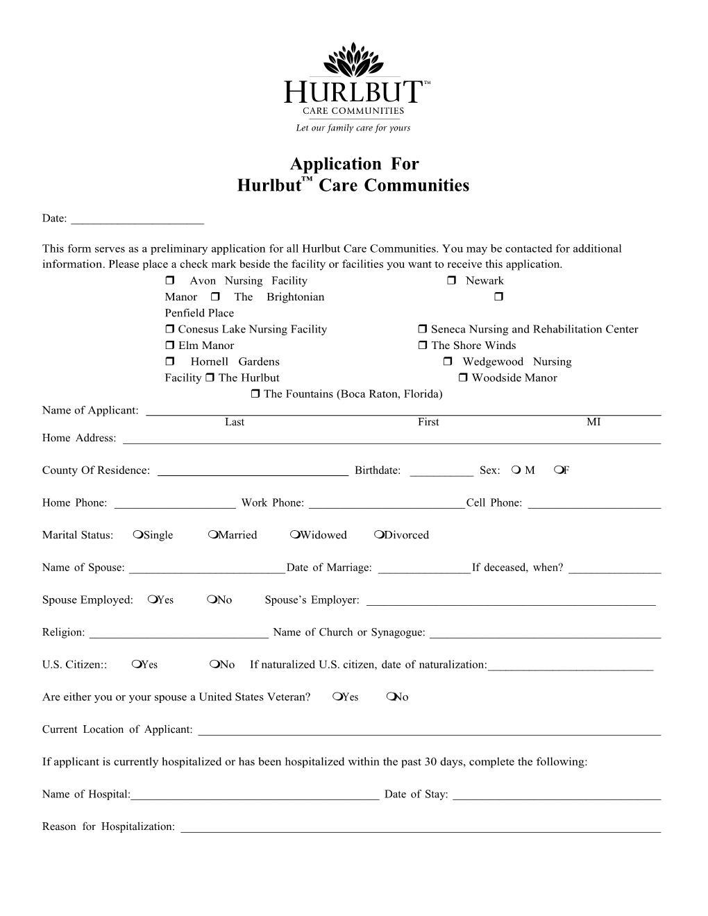 Application for Hurlbut Care Communities