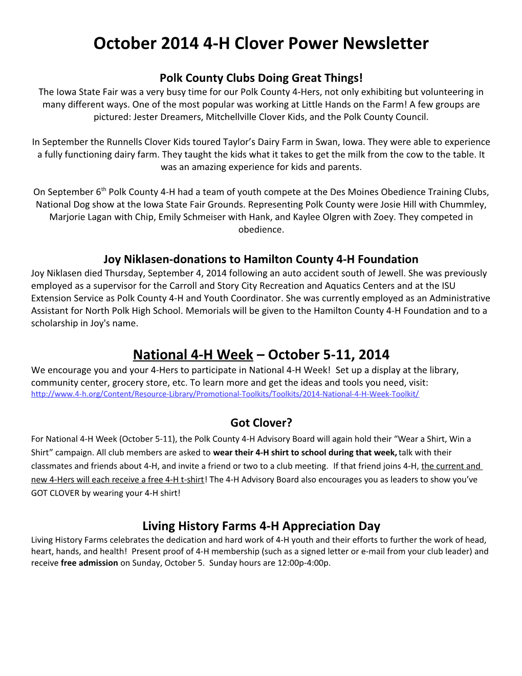 October 2014 4-H Clover Power Newsletter