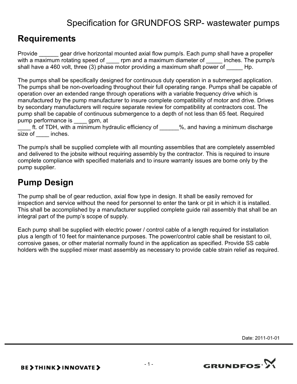 Specification for GRUNDFOS SRP- Wastewater Pumps