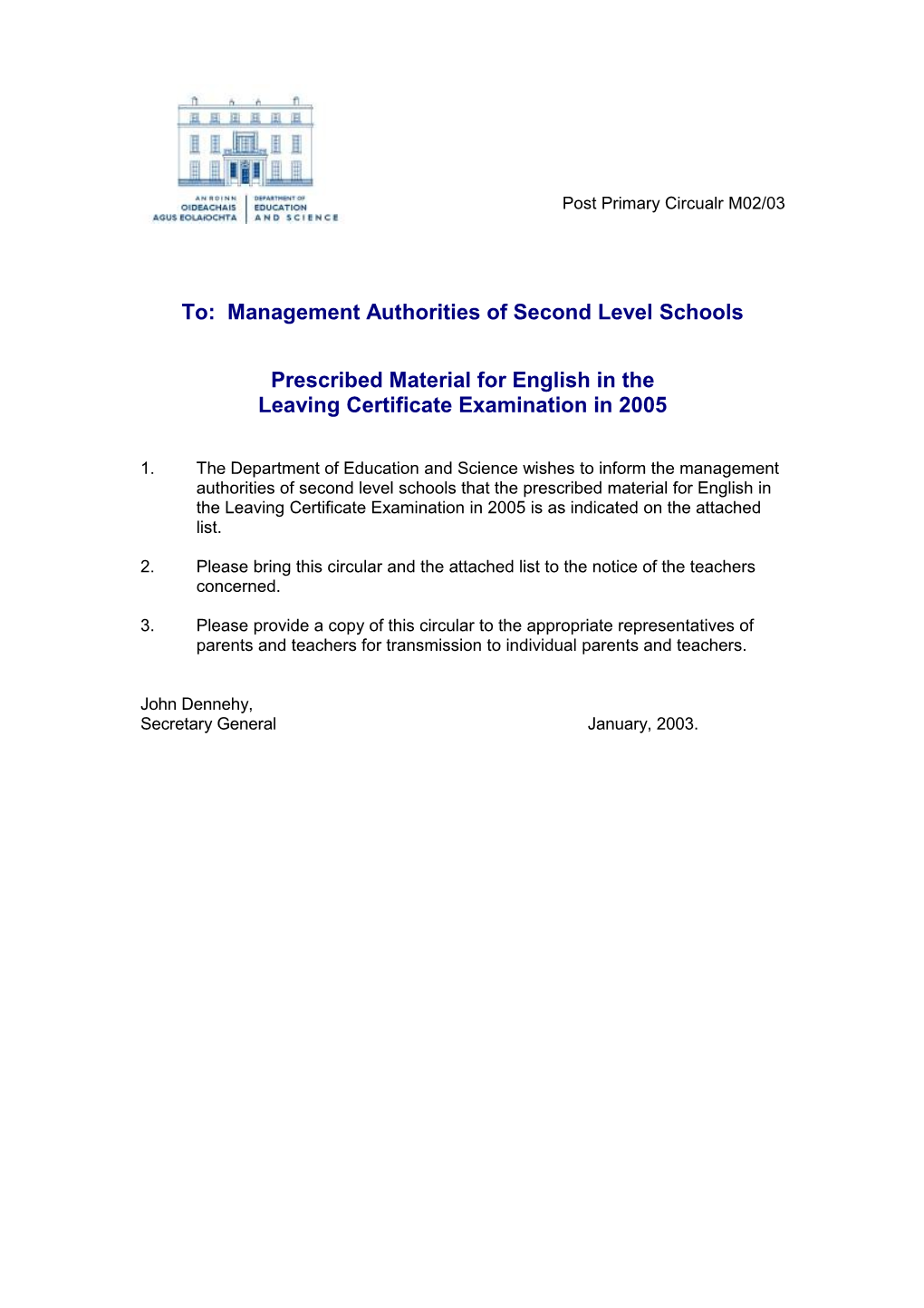 Post Primary Circular M02/03 - Prescribed Material for English in the (Word Format 78KB)