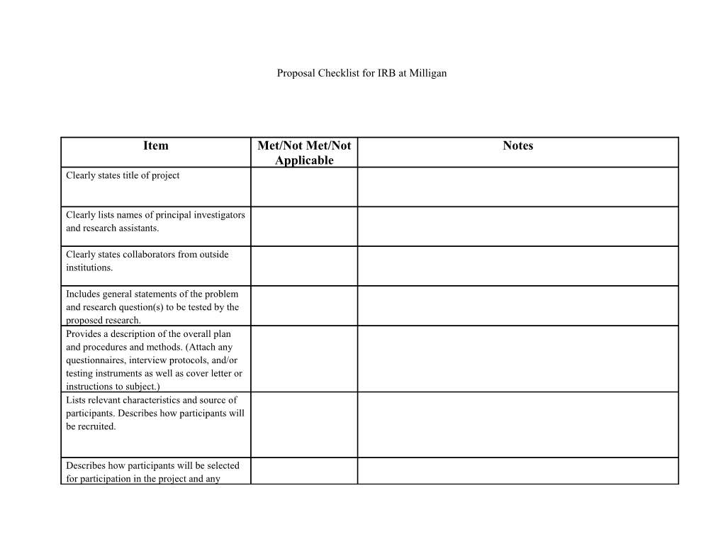 Proposal Checklist for IRB at Milligan