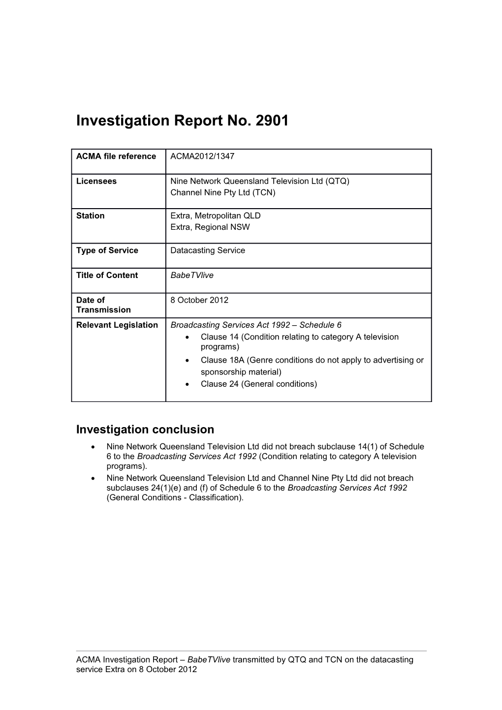 Investigation Report No. 2901
