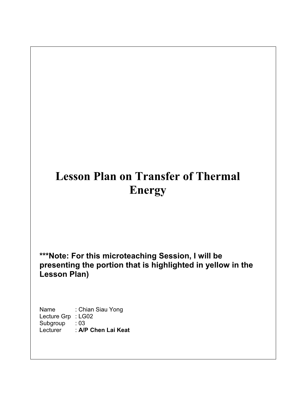 Lesson Plan on Transfer of Thermal Energy