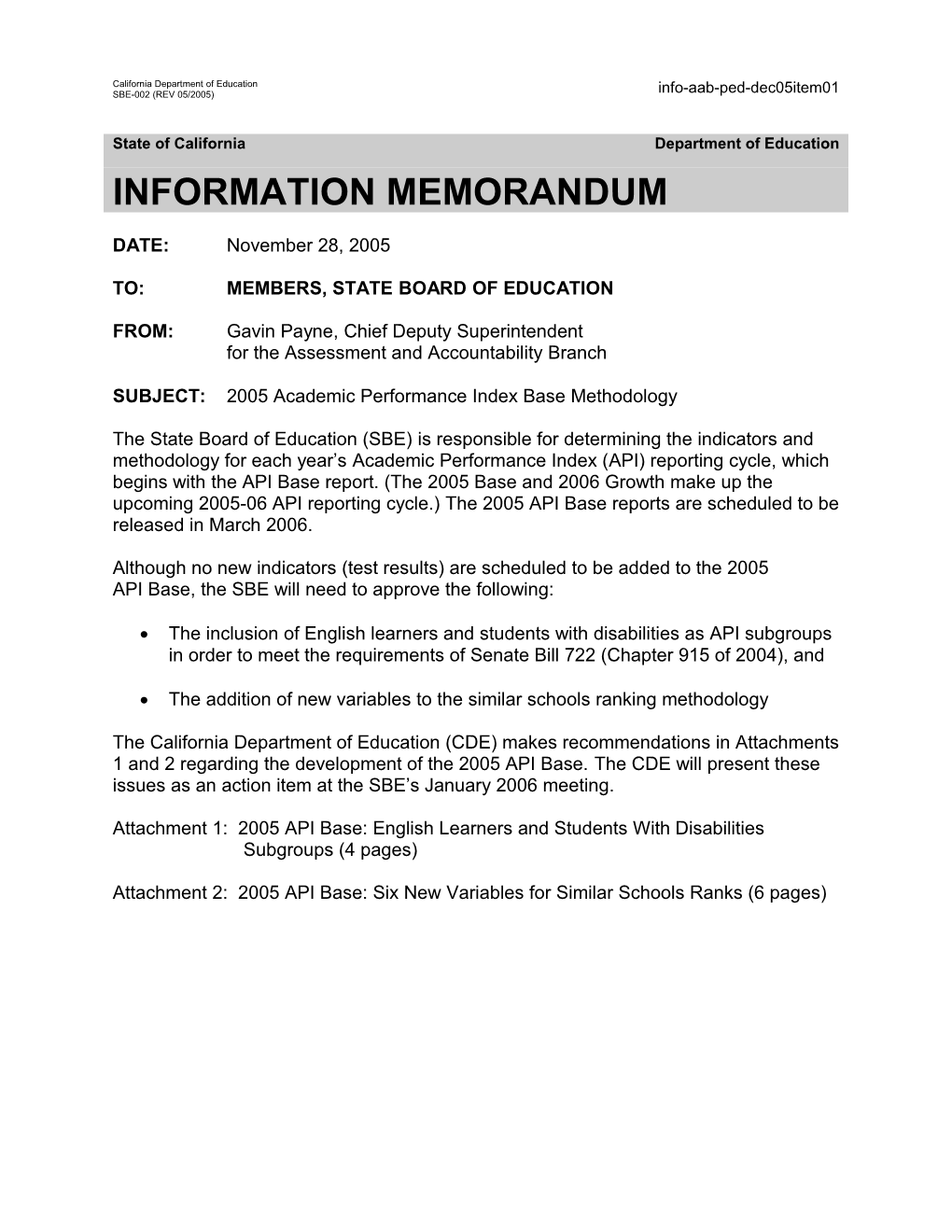 December 2005 PED Item 1 - Information Memorandum (CA State Board of Education)