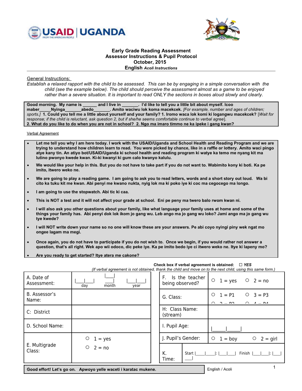 Instruments and Student Response Sheets