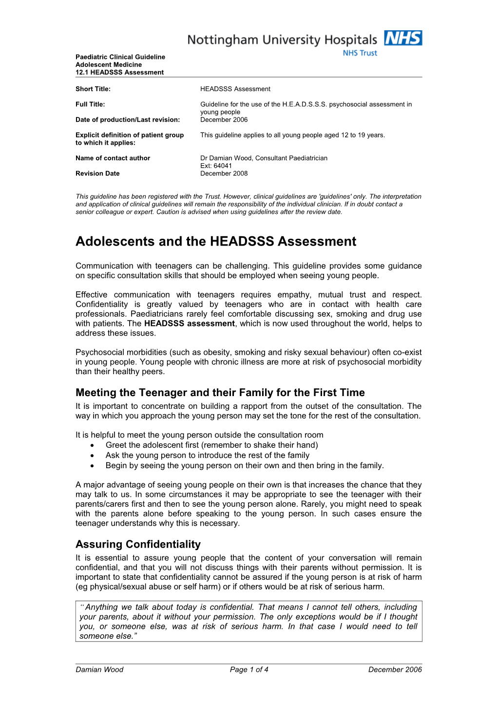Adolescents and the HEADSSS Assessment