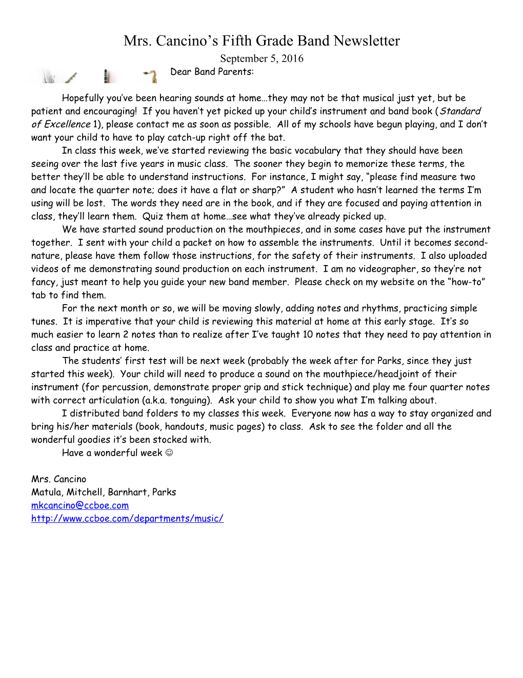 Mrs. Cancino S Fifth Grade Band Newsletter s1