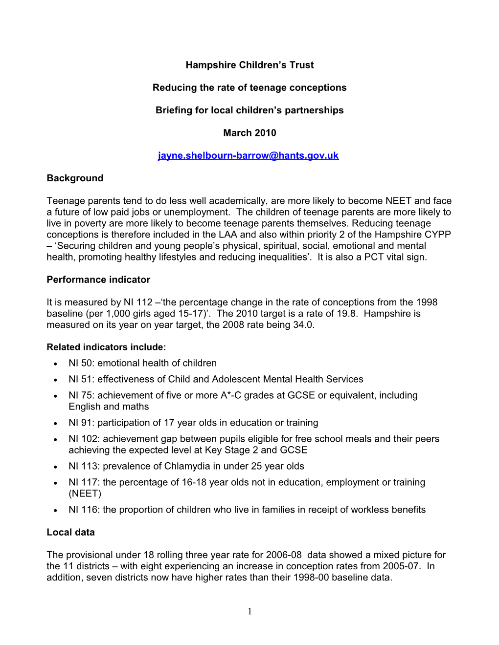 Guidance Note for Local Partnerships Around Reducing Teenage Conceptions
