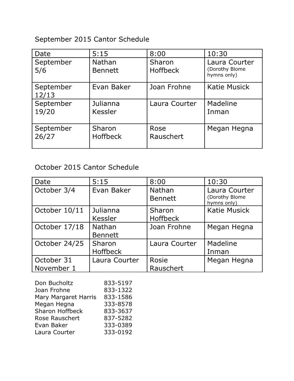 September 2015 Cantor Schedule