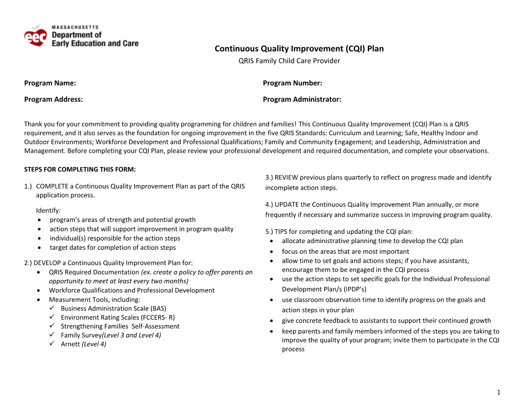 Pilot Continuous Quality Improvement (CQI) Plan