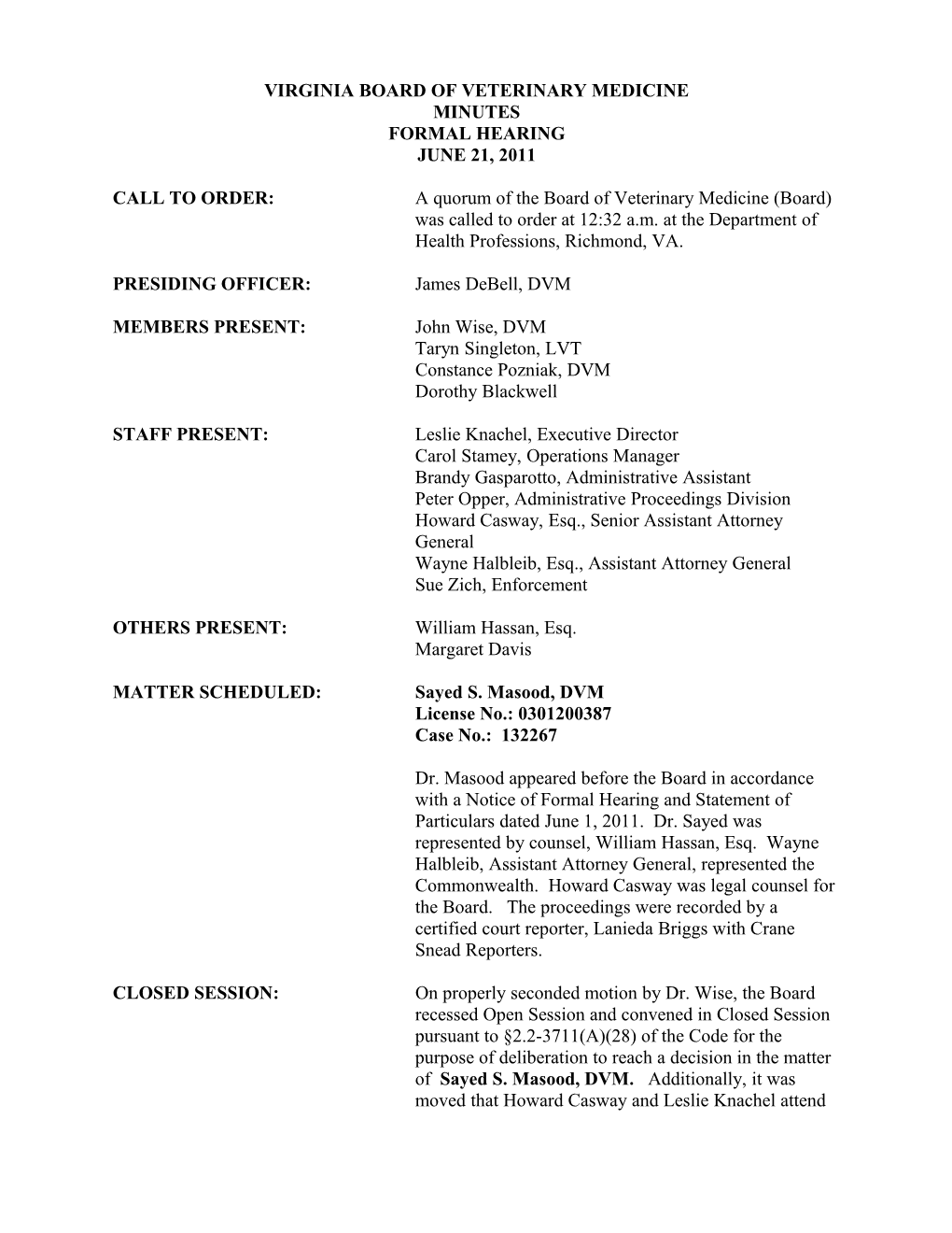 Board of Veterinary Medicine Minutes 6-21-2011