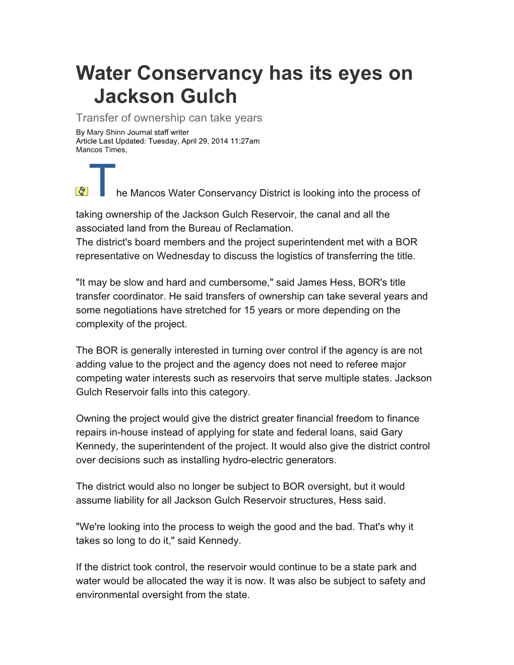 Water Conservancy Has Its Eyes on Jackson Gulch