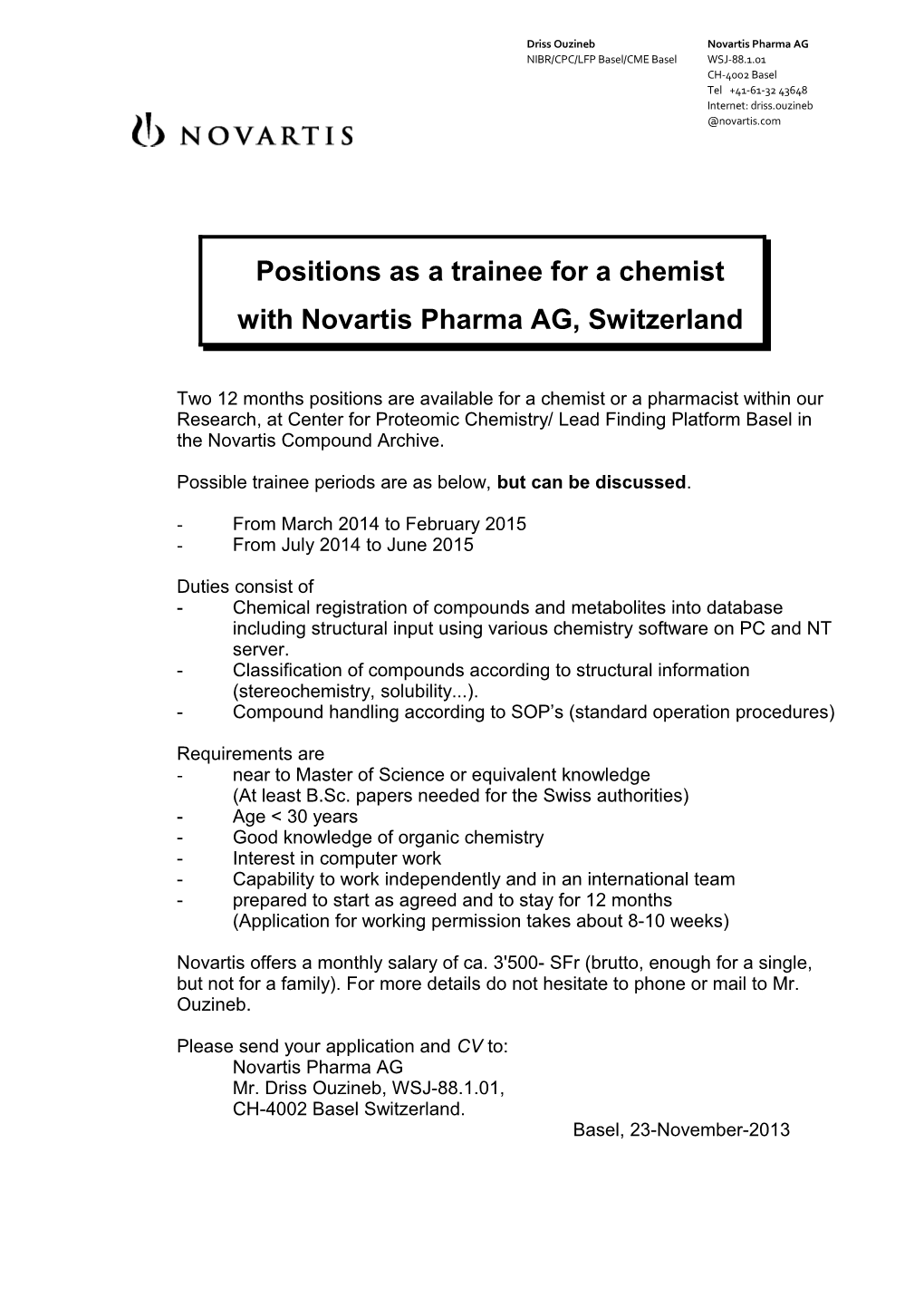 Position As a Trainee for a Chemist
