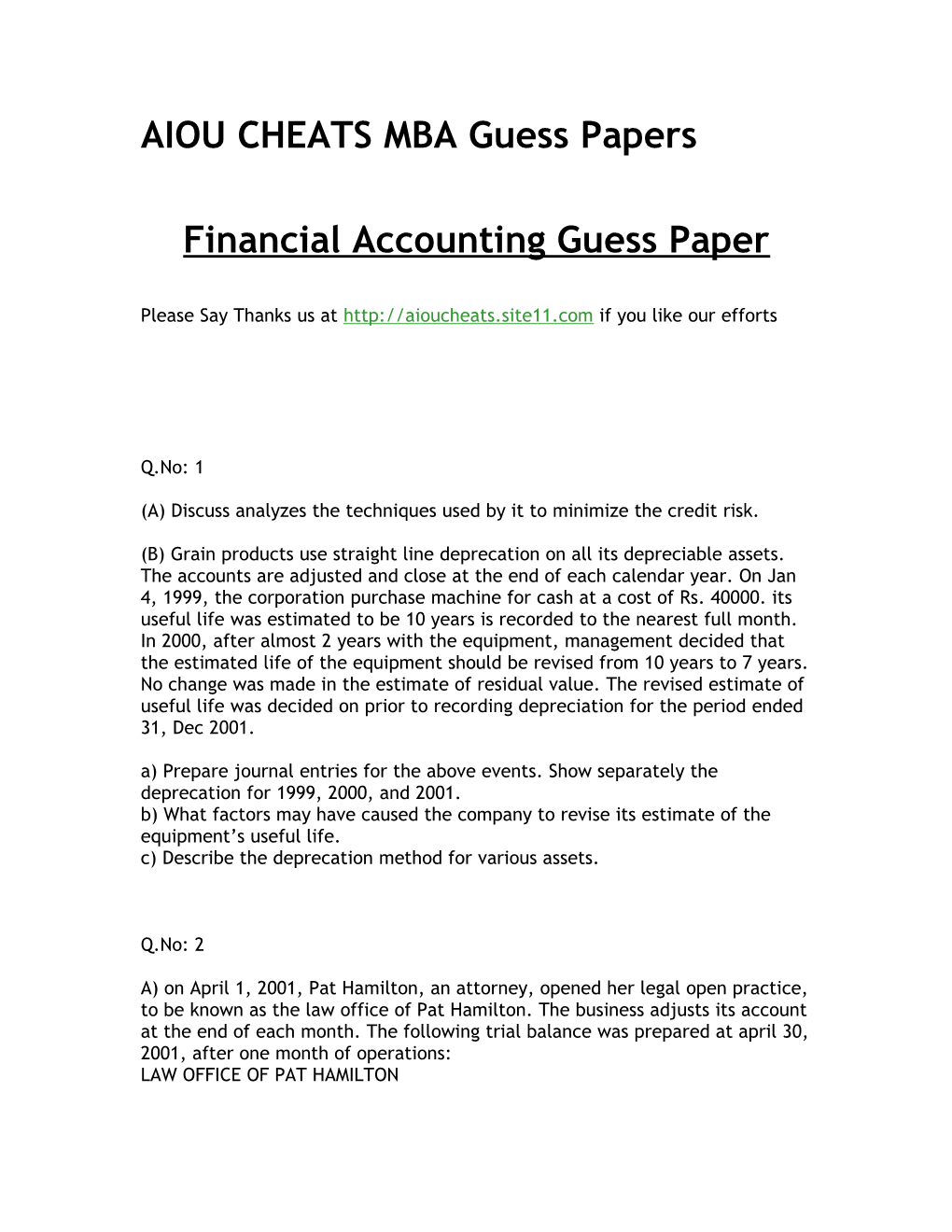 Financial Accounting Guess Paper