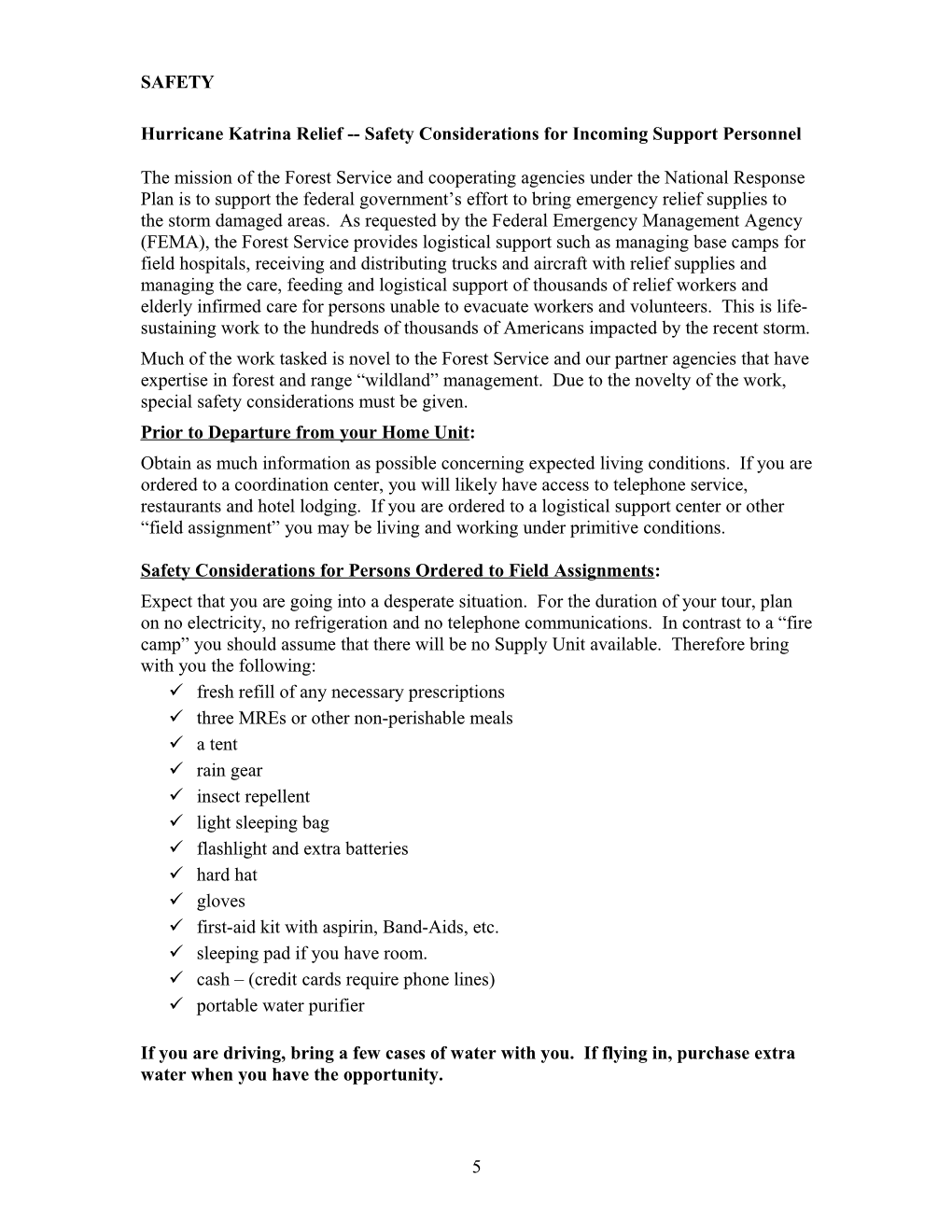 Hurricane Katrina Relief Safety Considerations for Incoming Support Personnel