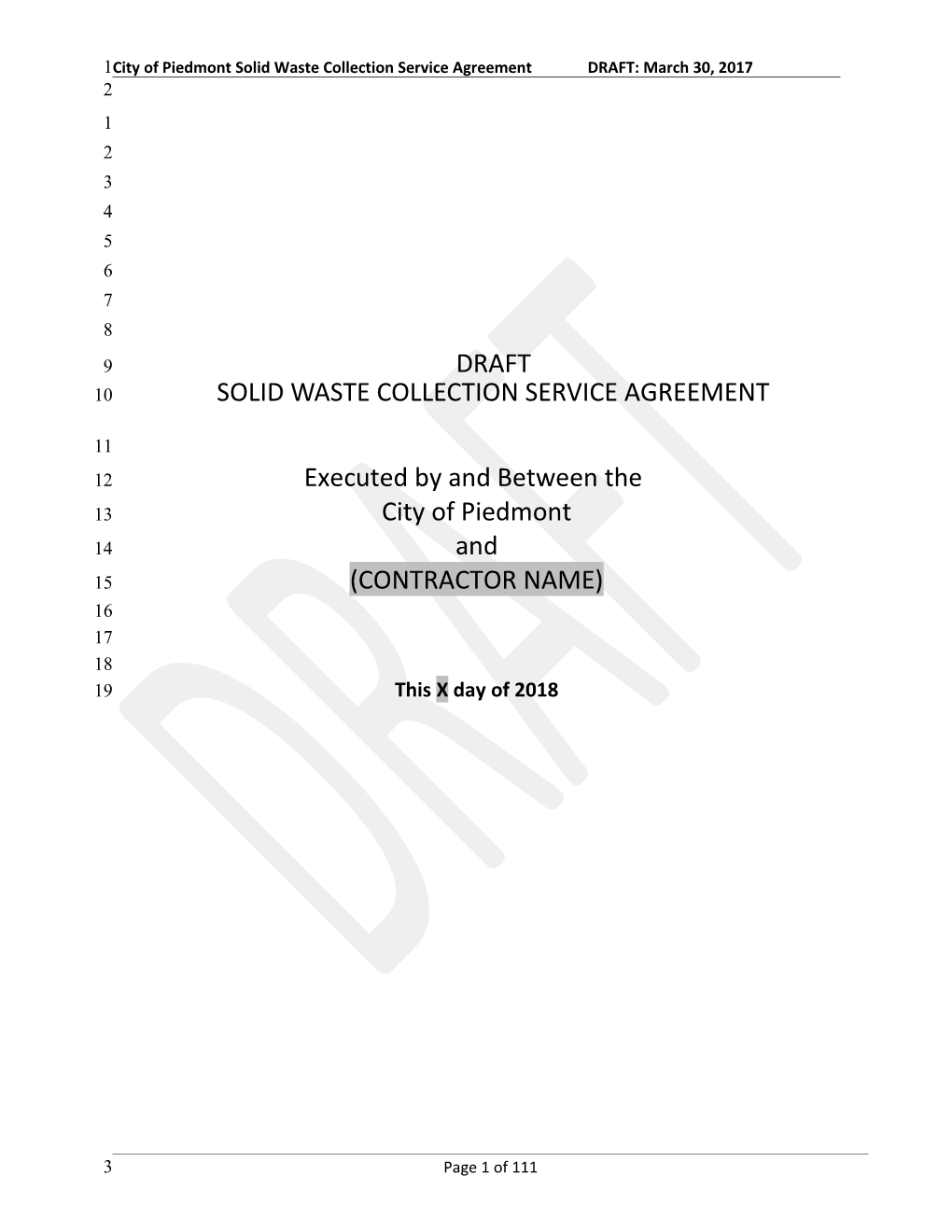 Draftsolid Waste Collection Service Agreement