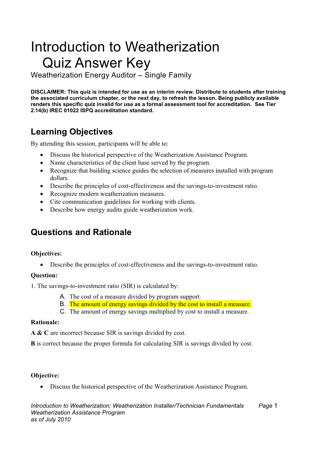 Quiz Key Introduction to Weatherization