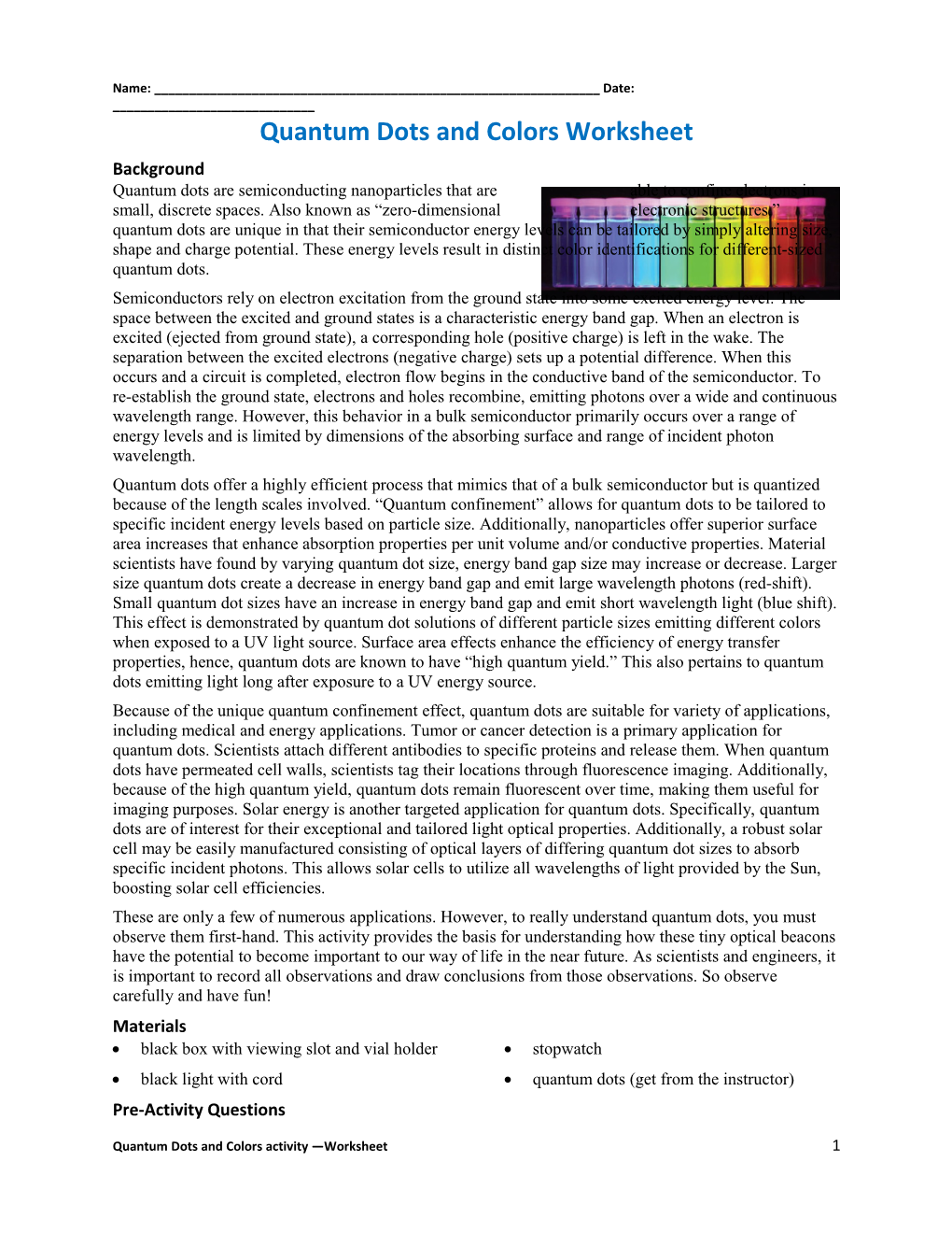 Quantum Dots and Colors Worksheet