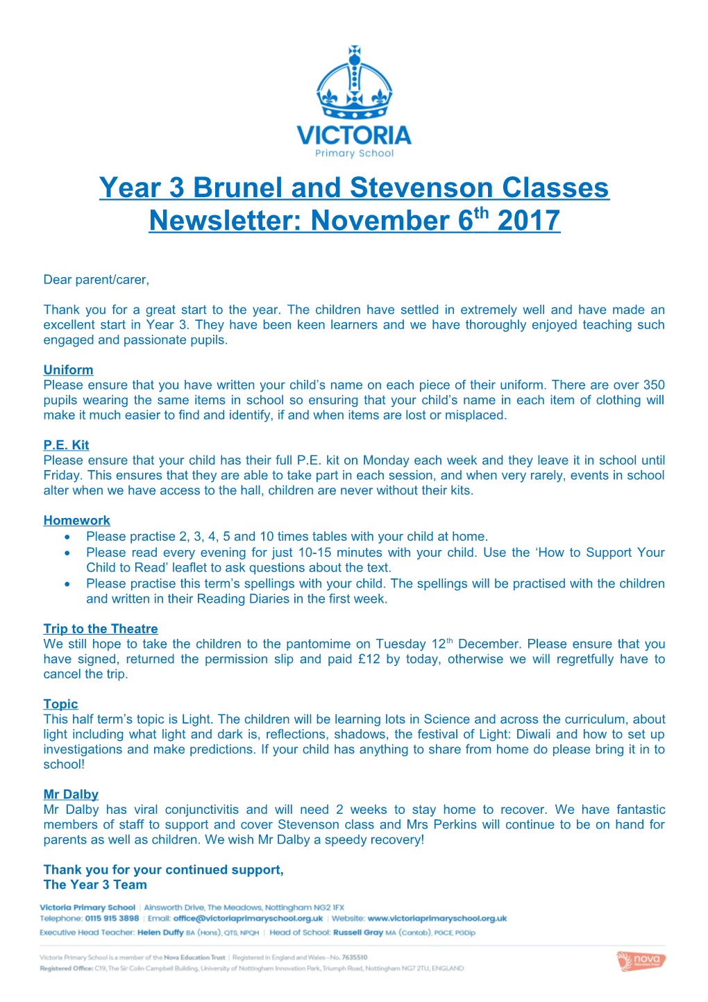 Year 3 Brunel and Stevenson Classes Newsletter: November 6Th 2017