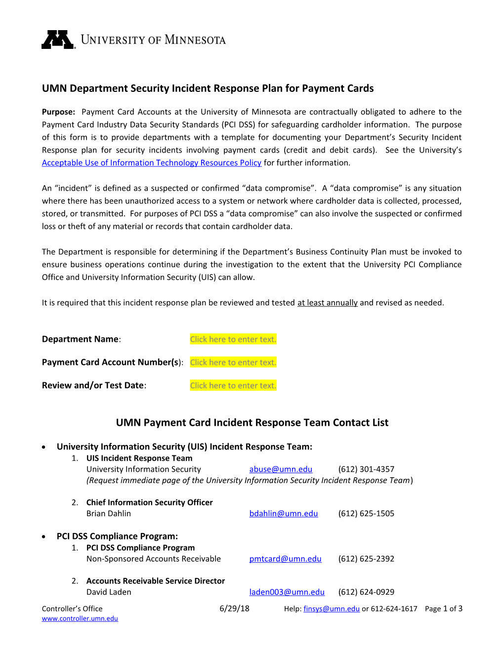 UMN Department Security Incident Response Plan for Payment Cards