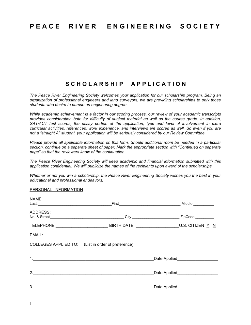 The Peace River Engineering Society Welcomes Your Application for Our Scholarship Program