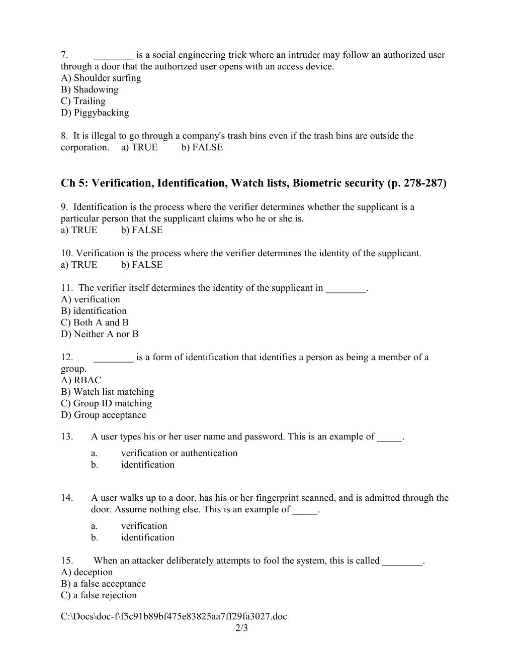 Review Questions Chapter 5-2 Access Control