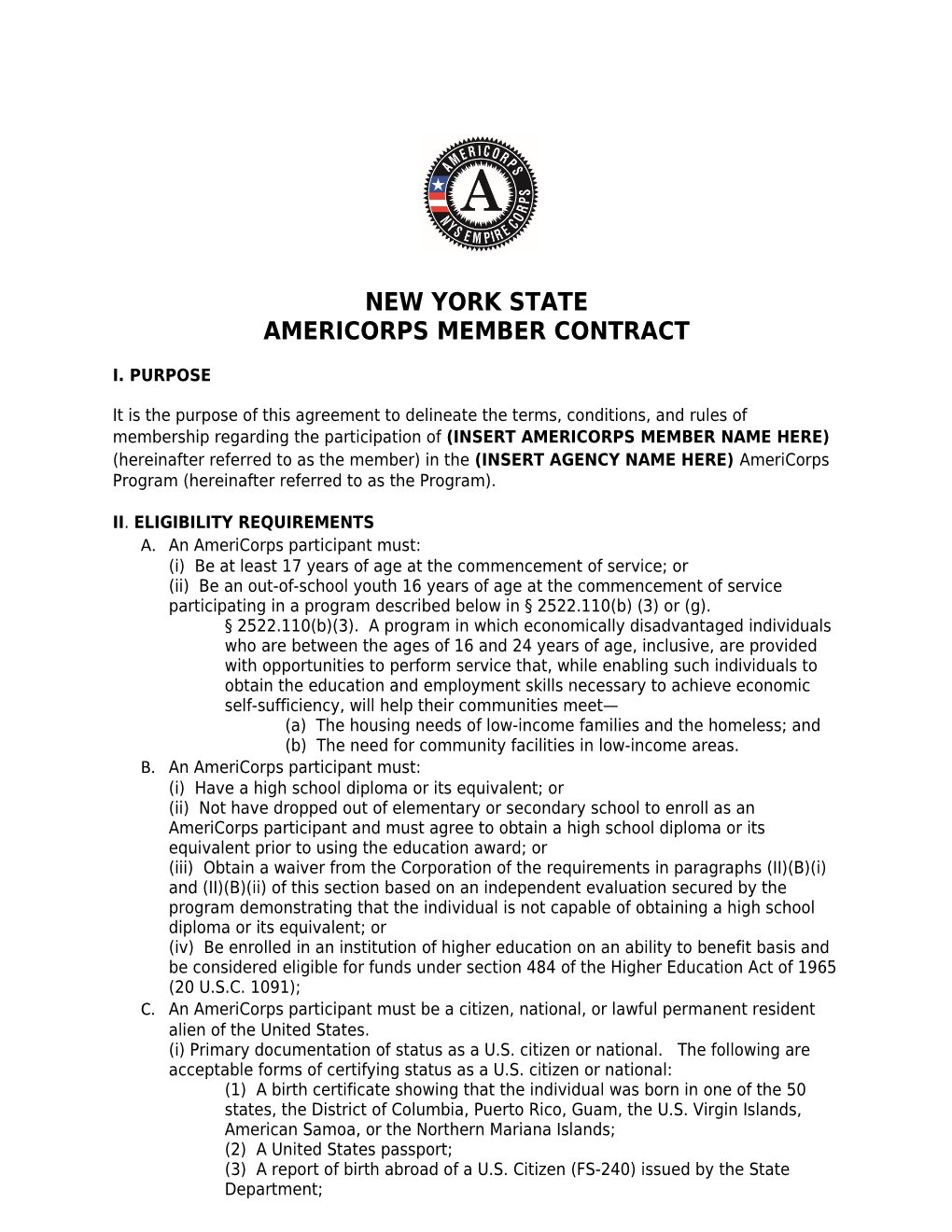Americorps Member Contract