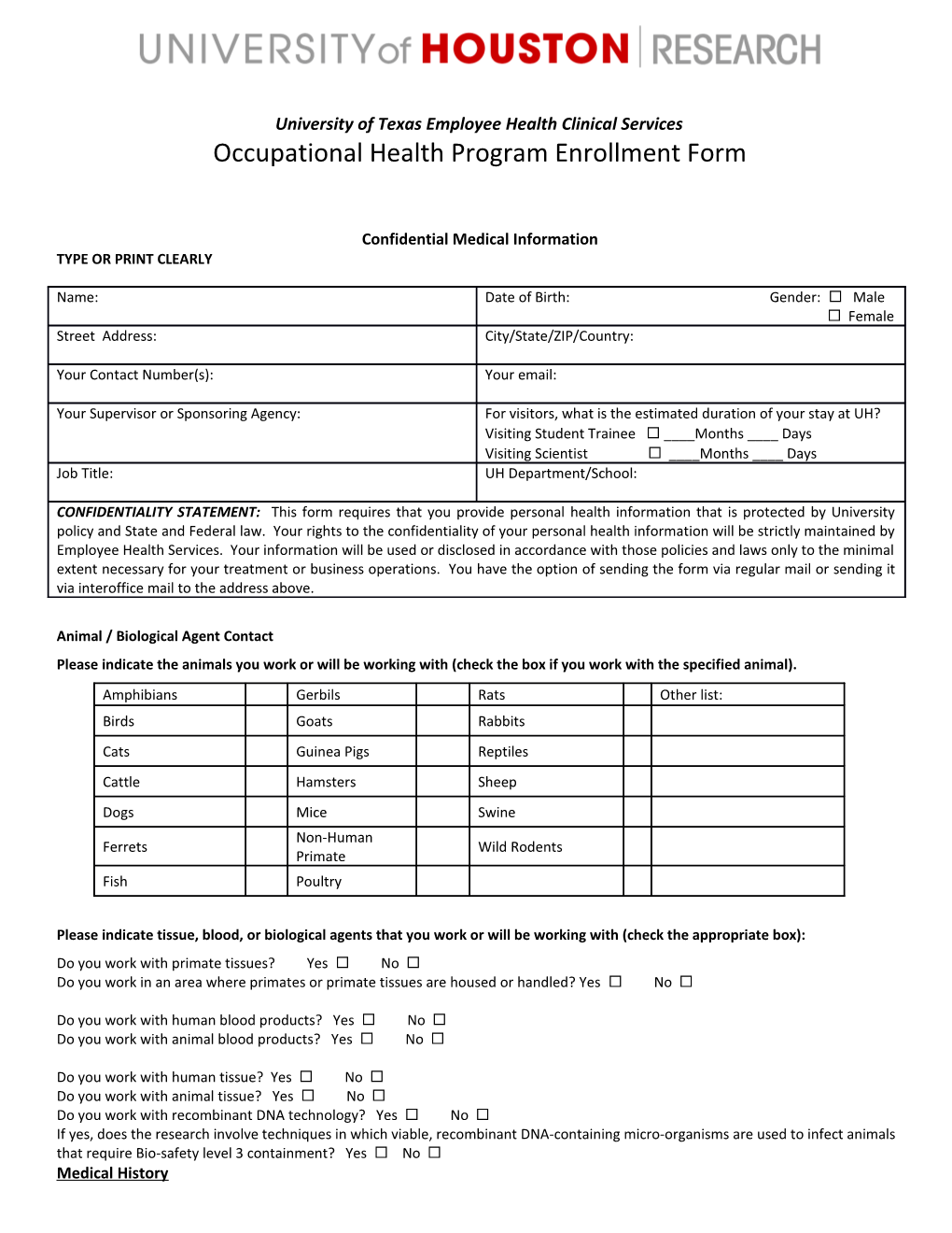 Occupational Health Program Enrollment Form