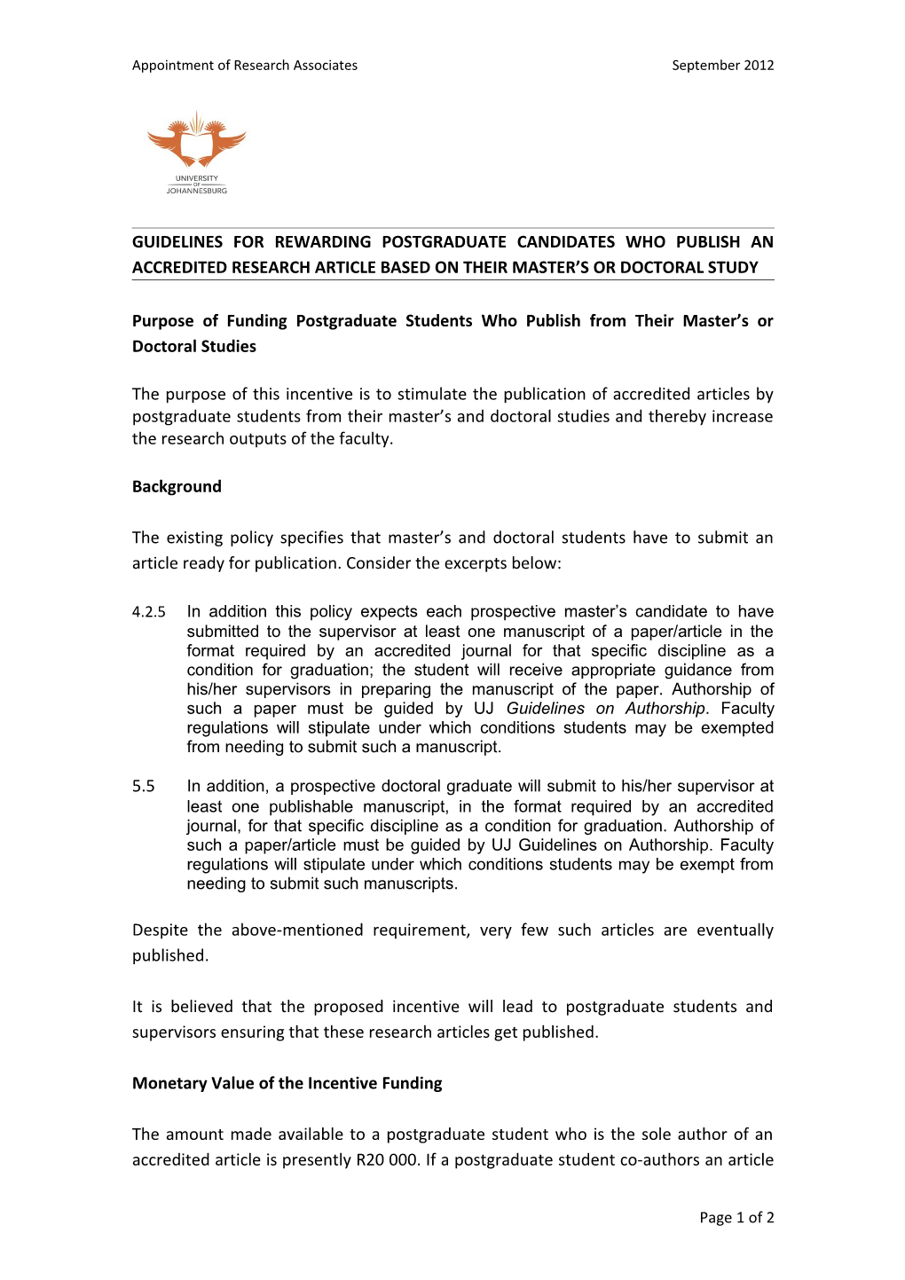 Postgraduate Student Article Publication Incentive 2012-10-04