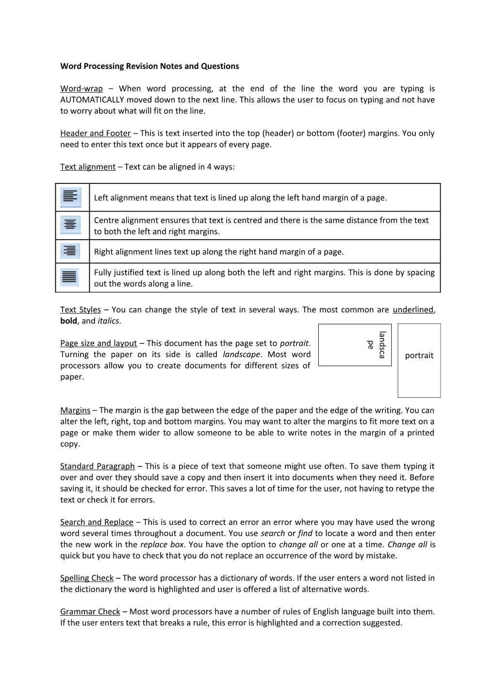 Word Processing Revision Notes and Questions