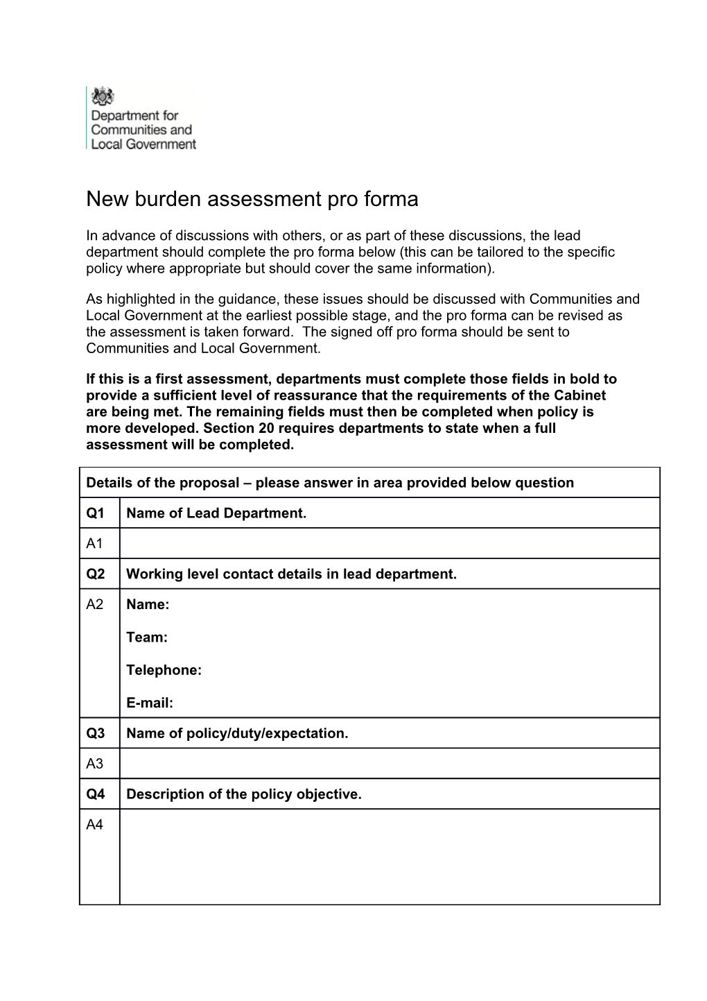 New Burden Assessment Proforma