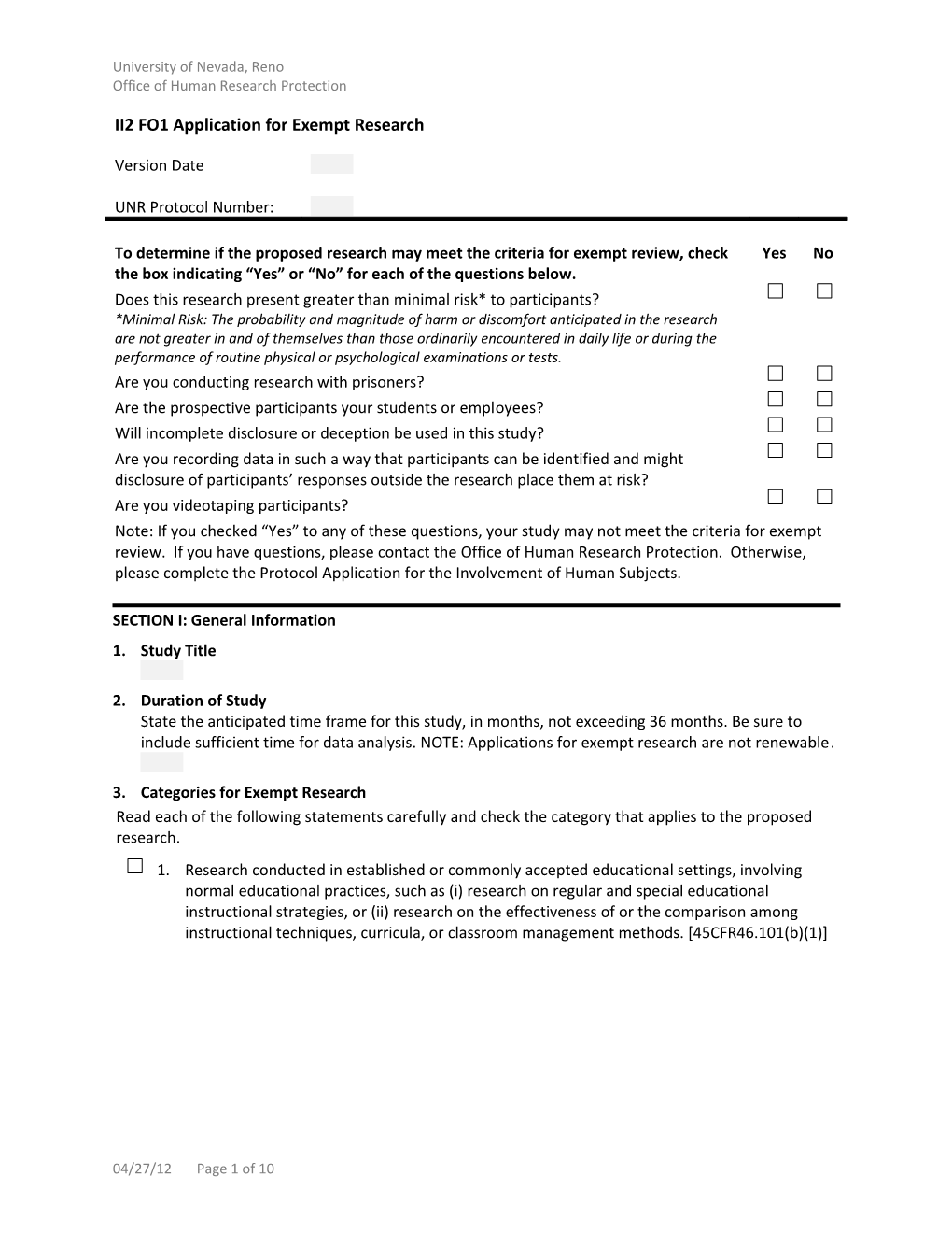 II2 FO1 Application for Exempt Research