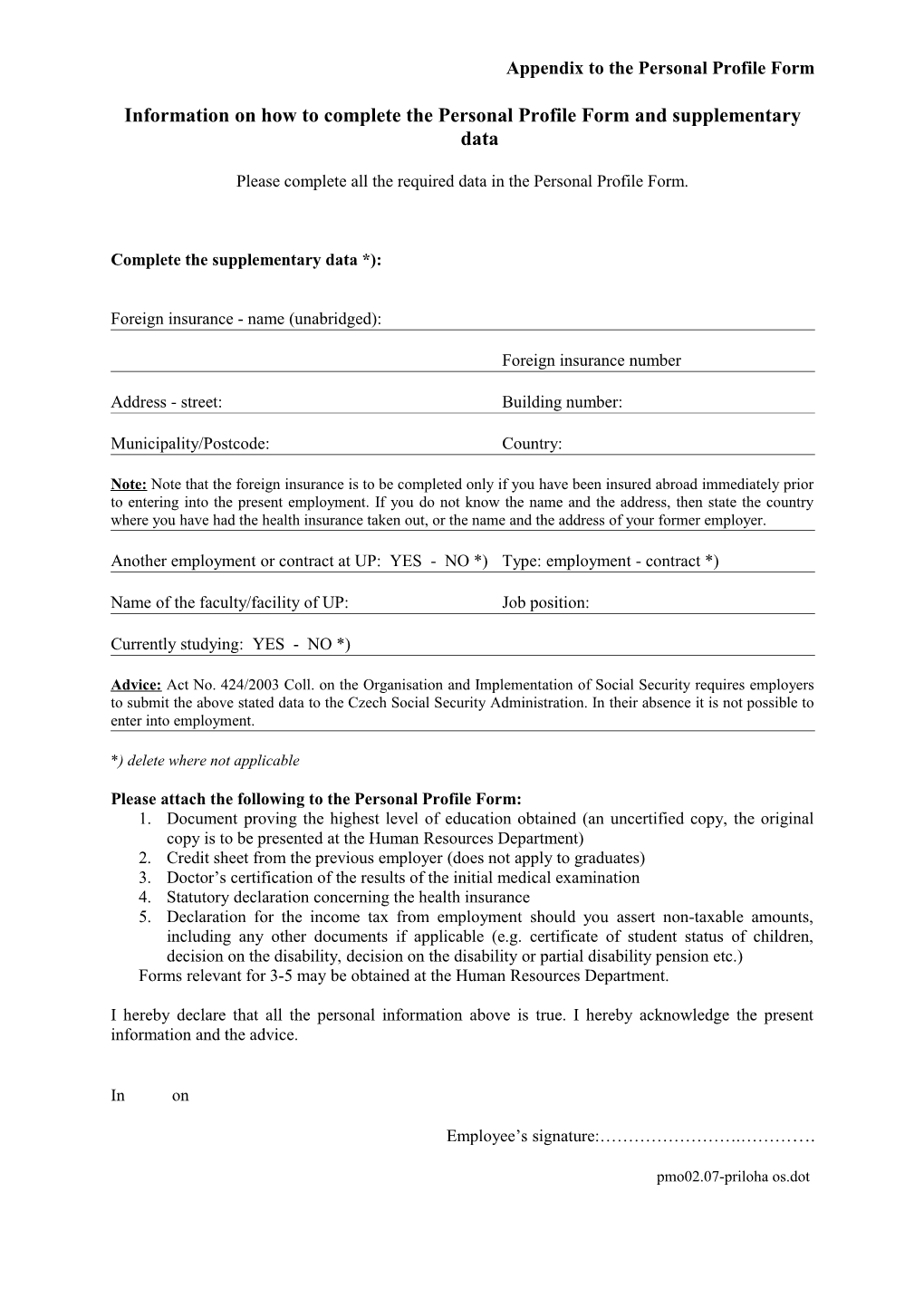 Appendix to the Personal Profile Form