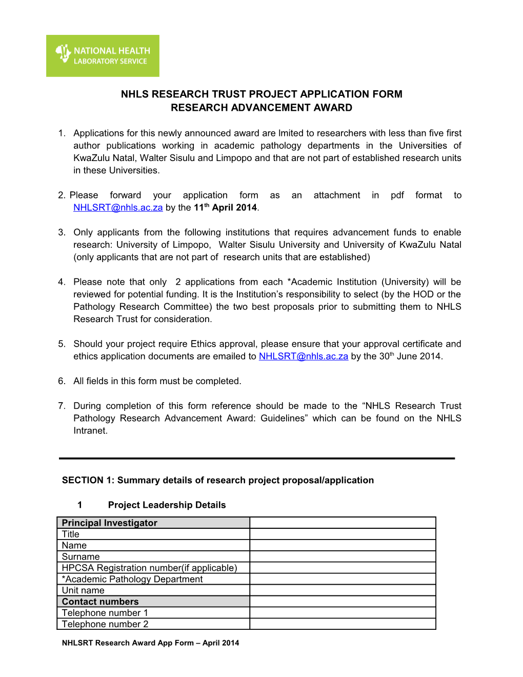 SECTION 1: Summary Details of Research Project Proposal/Application